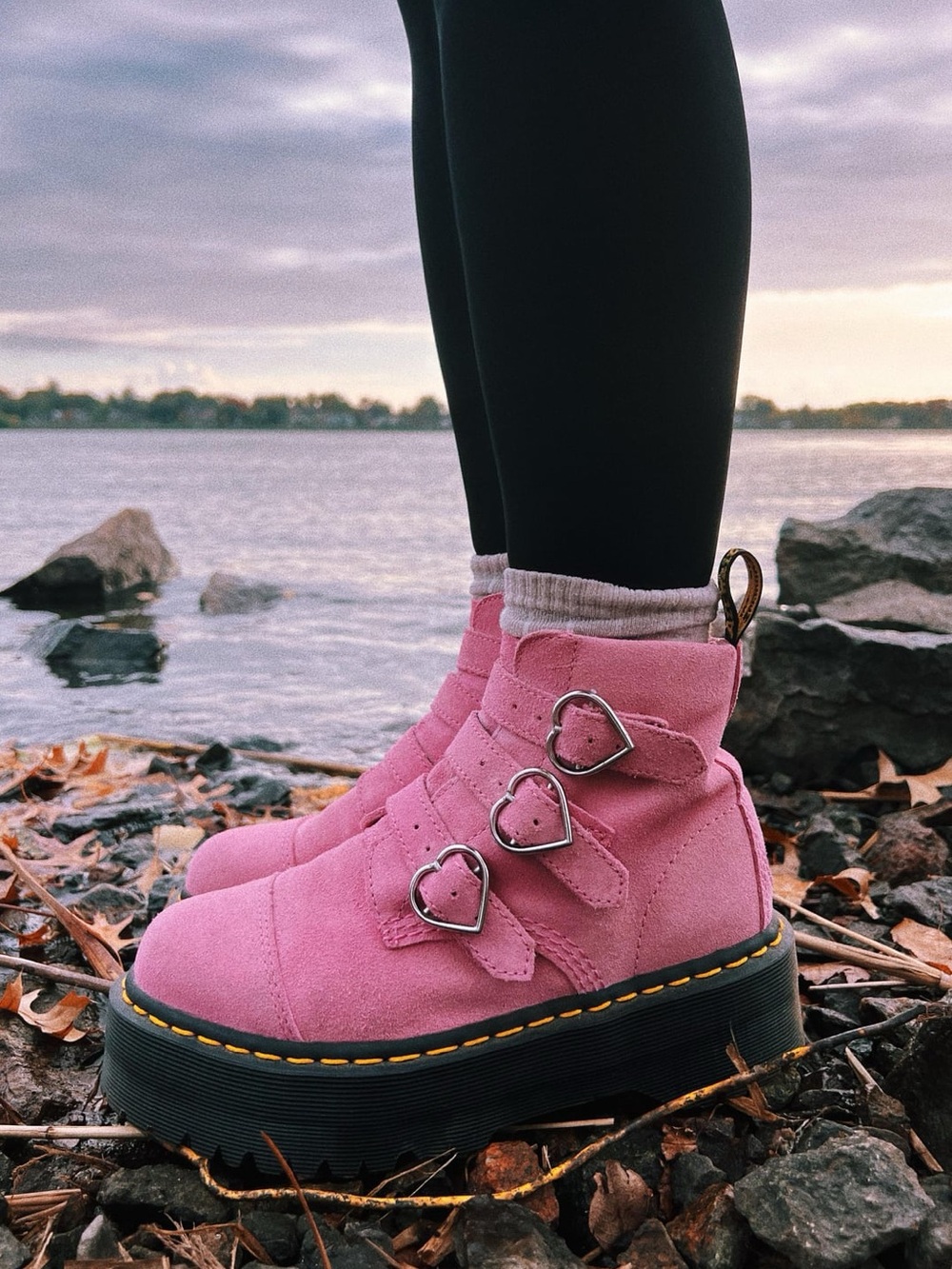 Dr. Martens x Lazy Oaf Heart Buckle Boot Light Pink Hi Suede Platform RARE US 8